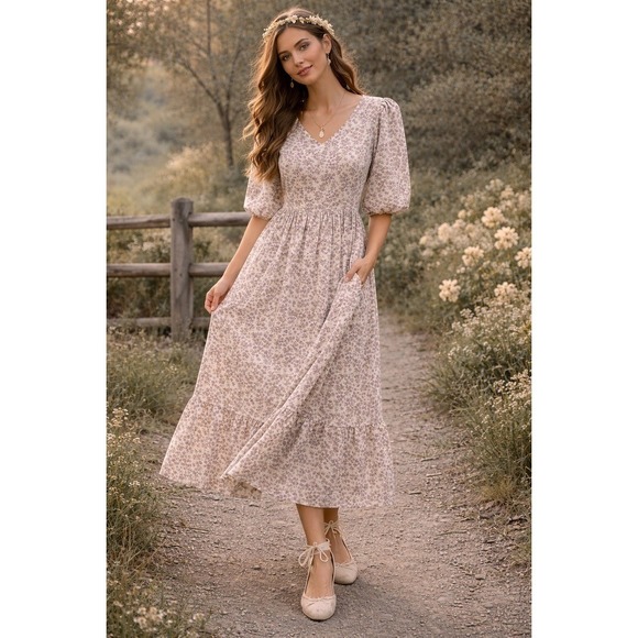 Leia & Co Dresses & Skirts - Leia & Co M Purple Floral V-Neck Puff Sleeve Midi Dress Pockets Smocked Back